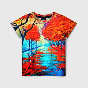 Детская футболка 3D с принтом Autumn в Белгороде, 100% гипоаллергенный полиэфир | прямой крой, круглый вырез горловины, длина до линии бедер, чуть спущенное плечо, ткань немного тянется | 3d | вода | деревья | другие | желтый | живопись | картинка | краски | листья | осень | пейзаж | прикольные | природа | река | рисунок | яркие