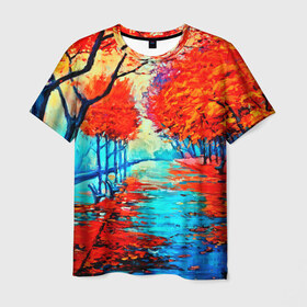 Мужская футболка 3D с принтом Autumn в Белгороде, 100% полиэфир | прямой крой, круглый вырез горловины, длина до линии бедер | 3d | вода | деревья | другие | желтый | живопись | картинка | краски | листья | осень | пейзаж | прикольные | природа | река | рисунок | яркие