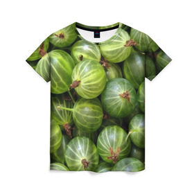 Женская футболка 3D с принтом Крыжовник в Белгороде, 100% полиэфир ( синтетическое хлопкоподобное полотно) | прямой крой, круглый вырез горловины, длина до линии бедер | еда | зеленый | крыжовник | растения | текстура | фрукты | ягоды