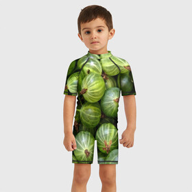 Детский купальный костюм 3D с принтом Крыжовник в Белгороде, Полиэстер 85%, Спандекс 15% | застежка на молнии на спине | еда | зеленый | крыжовник | растения | текстура | фрукты | ягоды