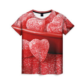 Женская футболка 3D с принтом Мармеладные сердца в Белгороде, 100% полиэфир ( синтетическое хлопкоподобное полотно) | прямой крой, круглый вырез горловины, длина до линии бедер | еда | конфеты | красный | мармелад | сердечки | сладости