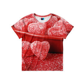 Детская футболка 3D с принтом Мармеладные сердца в Белгороде, 100% гипоаллергенный полиэфир | прямой крой, круглый вырез горловины, длина до линии бедер, чуть спущенное плечо, ткань немного тянется | Тематика изображения на принте: еда | конфеты | красный | мармелад | сердечки | сладости