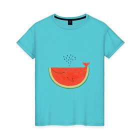 Женская футболка хлопок с принтом Кит Арбуз в Белгороде, 100% хлопок | прямой крой, круглый вырез горловины, длина до линии бедер, слегка спущенное плечо | арбуз | иллюзия | кит | лето | море | океан | принт | рыба | семечки | фонтан | фрукты | ягоды