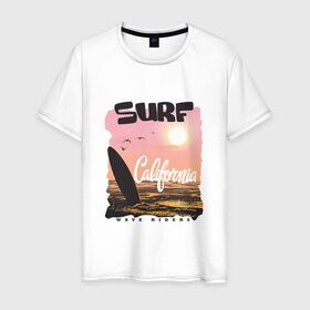Мужская футболка хлопок с принтом Surf California в Белгороде, 100% хлопок | прямой крой, круглый вырез горловины, длина до линии бедер, слегка спущенное плечо. | 