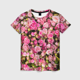 Женская футболка 3D с принтом Розовый рай в Белгороде, 100% полиэфир ( синтетическое хлопкоподобное полотно) | прямой крой, круглый вырез горловины, длина до линии бедер | бутон | лепестки | роза | розовый | розочка | цветок | цветы