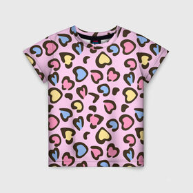 Детская футболка 3D с принтом Леопардовые сердечки в Белгороде, 100% гипоаллергенный полиэфир | прямой крой, круглый вырез горловины, длина до линии бедер, чуть спущенное плечо, ткань немного тянется | животные | леопард | леопардовый | принт | розовый | сердечко | сердце | текстура