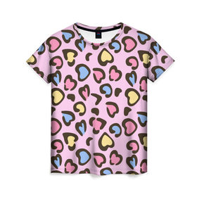 Женская футболка 3D с принтом Леопардовые сердечки в Белгороде, 100% полиэфир ( синтетическое хлопкоподобное полотно) | прямой крой, круглый вырез горловины, длина до линии бедер | животные | леопард | леопардовый | принт | розовый | сердечко | сердце | текстура