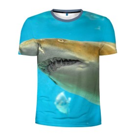 Мужская футболка 3D спортивная с принтом Тигровая акула в Белгороде, 100% полиэстер с улучшенными характеристиками | приталенный силуэт, круглая горловина, широкие плечи, сужается к линии бедра | голубое море | океан | рыба