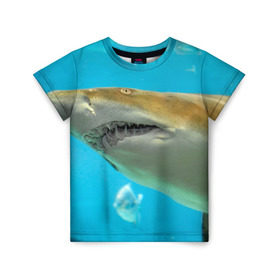 Детская футболка 3D с принтом Тигровая акула в Белгороде, 100% гипоаллергенный полиэфир | прямой крой, круглый вырез горловины, длина до линии бедер, чуть спущенное плечо, ткань немного тянется | голубое море | океан | рыба