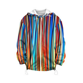 Детская куртка 3D с принтом Colored stripes в Белгороде, 100% полиэстер | застежка — молния, подол и капюшон оформлены резинкой с фиксаторами, по бокам — два кармана без застежек, один потайной карман на груди, плотность верхнего слоя — 90 г/м2; плотность флисового подклада — 260 г/м2 | Тематика изображения на принте: 3d | colored stripes | абстракция | другие | картинка | краски | линии | отблеск | полосы | прикольные | радуга | свет | цветные | яркие