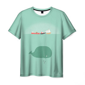 Мужская футболка 3D с принтом Кит с корабликами в Белгороде, 100% полиэфир | прямой крой, круглый вырез горловины, длина до линии бедер | Тематика изображения на принте: кит | корабли | лодки | море | океан | шарики | якорь | якоря