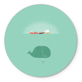 Коврик круглый с принтом Кит с корабликами в Белгороде, резина и полиэстер | круглая форма, изображение наносится на всю лицевую часть | Тематика изображения на принте: кит | корабли | лодки | море | океан | шарики | якорь | якоря