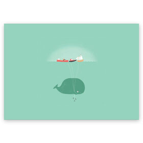 Поздравительная открытка с принтом Кит с корабликами в Белгороде, 100% бумага | плотность бумаги 280 г/м2, матовая, на обратной стороне линовка и место для марки
 | Тематика изображения на принте: кит | корабли | лодки | море | океан | шарики | якорь | якоря