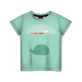 Детская футболка 3D с принтом Кит с корабликами в Белгороде, 100% гипоаллергенный полиэфир | прямой крой, круглый вырез горловины, длина до линии бедер, чуть спущенное плечо, ткань немного тянется | кит | корабли | лодки | море | океан | шарики | якорь | якоря