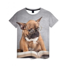 Женская футболка 3D с принтом Читает в Белгороде, 100% полиэфир ( синтетическое хлопкоподобное полотно) | прямой крой, круглый вырез горловины, длина до линии бедер | dog | мопс | пес | собака