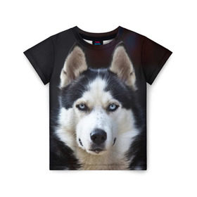 Детская футболка 3D с принтом Хаски в Белгороде, 100% гипоаллергенный полиэфир | прямой крой, круглый вырез горловины, длина до линии бедер, чуть спущенное плечо, ткань немного тянется | dog | лабрадор | мопс | пес | собака | такса | хаски | щеночек