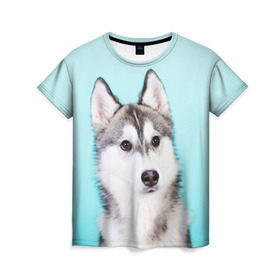 Женская футболка 3D с принтом Blue в Белгороде, 100% полиэфир ( синтетическое хлопкоподобное полотно) | прямой крой, круглый вырез горловины, длина до линии бедер | dog | бандит | пес | собака | хаски | хаски бандит | щеночек