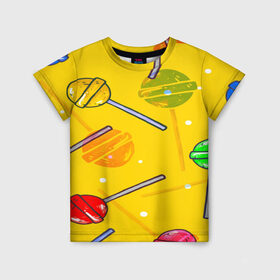 Детская футболка 3D с принтом Леденец в Белгороде, 100% гипоаллергенный полиэфир | прямой крой, круглый вырез горловины, длина до линии бедер, чуть спущенное плечо, ткань немного тянется | желтая | чупа чупс | яркая | ярт
