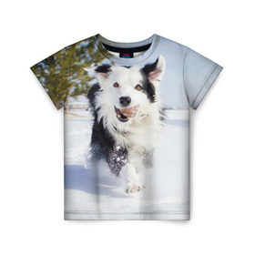 Детская футболка 3D с принтом Snow в Белгороде, 100% гипоаллергенный полиэфир | прямой крой, круглый вырез горловины, длина до линии бедер, чуть спущенное плечо, ткань немного тянется | Тематика изображения на принте: dog | бордер | бордер колли | колли | пес | собака
