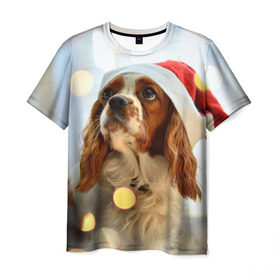 Мужская футболка 3D с принтом Рождество в Белгороде, 100% полиэфир | прямой крой, круглый вырез горловины, длина до линии бедер | dog | кавалер кинг чарльз спаниель | новый год | пес | рождество | собака