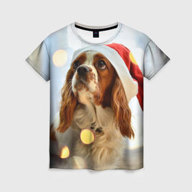 Женская футболка 3D с принтом Рождество в Белгороде, 100% полиэфир ( синтетическое хлопкоподобное полотно) | прямой крой, круглый вырез горловины, длина до линии бедер | dog | кавалер кинг чарльз спаниель | новый год | пес | рождество | собака