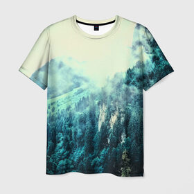 Мужская футболка 3D с принтом Туманный лес в Белгороде, 100% полиэфир | прямой крой, круглый вырез горловины, длина до линии бедер | 3d | горы | деревья | другие | лес | лето | пейзаж | прикольные | природа | туман | холм | цветные | яркие