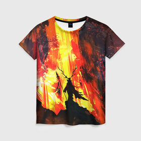 Женская футболка 3D с принтом Колдун в Белгороде, 100% полиэфир ( синтетическое хлопкоподобное полотно) | прямой крой, круглый вырез горловины, длина до линии бедер | волшебник | вулкан | горы | камни | копьё | лава | огонь | пламя | рога | фантастика | шаман