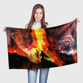 Флаг 3D с принтом Колдун в Белгороде, 100% полиэстер | плотность ткани — 95 г/м2, размер — 67 х 109 см. Принт наносится с одной стороны | волшебник | вулкан | горы | камни | копьё | лава | огонь | пламя | рога | фантастика | шаман