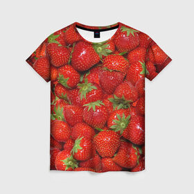 Женская футболка 3D с принтом Клубничка в Белгороде, 100% полиэфир ( синтетическое хлопкоподобное полотно) | прямой крой, круглый вырез горловины, длина до линии бедер | еда | клубника | красный | сладкое | текстура | фрукты | ягоды