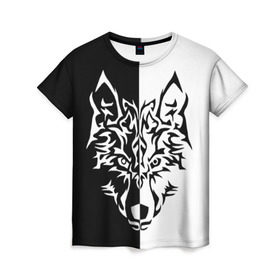 Женская футболка 3D с принтом Двуликий волк в Белгороде, 100% полиэфир ( синтетическое хлопкоподобное полотно) | прямой крой, круглый вырез горловины, длина до линии бедер | монохромный | тату | черно белый