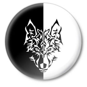 Значок с принтом Двуликий волк в Белгороде,  металл | круглая форма, металлическая застежка в виде булавки | монохромный | тату | черно белый