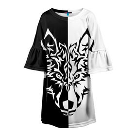 Детское платье 3D с принтом Двуликий волк в Белгороде, 100% полиэстер | прямой силуэт, чуть расширенный к низу. Круглая горловина, на рукавах — воланы | Тематика изображения на принте: монохромный | тату | черно белый
