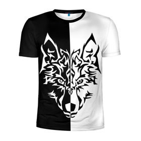 Мужская футболка 3D спортивная с принтом Двуликий волк в Белгороде, 100% полиэстер с улучшенными характеристиками | приталенный силуэт, круглая горловина, широкие плечи, сужается к линии бедра | монохромный | тату | черно белый