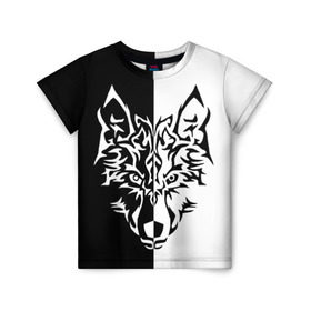 Детская футболка 3D с принтом Двуликий волк в Белгороде, 100% гипоаллергенный полиэфир | прямой крой, круглый вырез горловины, длина до линии бедер, чуть спущенное плечо, ткань немного тянется | Тематика изображения на принте: монохромный | тату | черно белый
