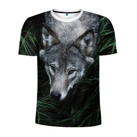 Мужская футболка 3D спортивная с принтом Волк в траве в Белгороде, 100% полиэстер с улучшенными характеристиками | приталенный силуэт, круглая горловина, широкие плечи, сужается к линии бедра | природа | серый | хищник