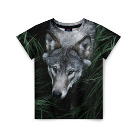 Детская футболка 3D с принтом Волк в траве в Белгороде, 100% гипоаллергенный полиэфир | прямой крой, круглый вырез горловины, длина до линии бедер, чуть спущенное плечо, ткань немного тянется | Тематика изображения на принте: природа | серый | хищник