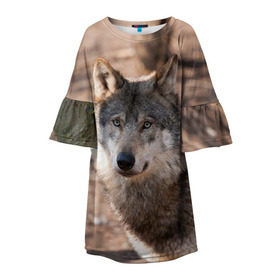 Детское платье 3D с принтом Серый волк в Белгороде, 100% полиэстер | прямой силуэт, чуть расширенный к низу. Круглая горловина, на рукавах — воланы | Тематика изображения на принте: аука | бирюк | волк | волчара | волчица | волчок | глаза | животное | животные | зверь | зеленые | койот | лес | млекопитающее | природа | санитар леса | серый | уши | фауна | хищник | черный | шакал