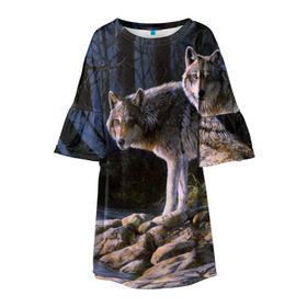 Детское платье 3D с принтом Волки, картина маслом в Белгороде, 100% полиэстер | прямой силуэт, чуть расширенный к низу. Круглая горловина, на рукавах — воланы | Тематика изображения на принте: аука | бирюк | волк | волчара | волчица | волчок | глаза | животное | животные | зверь | зеленые | койот | лес | млекопитающее | природа | санитар леса | серый | уши | фауна | хищник | черный | шакал
