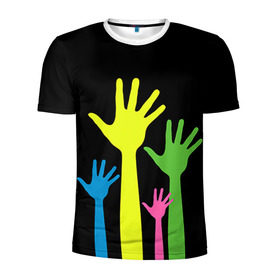 Мужская футболка 3D спортивная с принтом Руки вверх! в Белгороде, 100% полиэстер с улучшенными характеристиками | приталенный силуэт, круглая горловина, широкие плечи, сужается к линии бедра | Тематика изображения на принте: светящиеся | флуоресцентный | флюр | флюровый