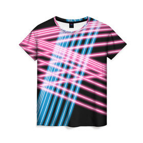 Женская футболка 3D с принтом Неон в Белгороде, 100% полиэфир ( синтетическое хлопкоподобное полотно) | прямой крой, круглый вырез горловины, длина до линии бедер | линии | полосы | светящиеся | флуоресцентный | флюр | флюровый