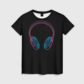 Женская футболка 3D с принтом Наушники в Белгороде, 100% полиэфир ( синтетическое хлопкоподобное полотно) | прямой крой, круглый вырез горловины, длина до линии бедер | светящиеся | флуоресцентный | флюр | флюровый
