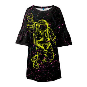 Детское платье 3D с принтом Космический рок в Белгороде, 100% полиэстер | прямой силуэт, чуть расширенный к низу. Круглая горловина, на рукавах — воланы | космонавт | светящиеся | скафандр | флуоресцентный | флюр | флюровый