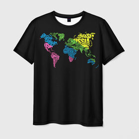 Мужская футболка 3D с принтом Весь мир - Россия в Белгороде, 100% полиэфир | прямой крой, круглый вырез горловины, длина до линии бедер | Тематика изображения на принте: карта мира | светящиеся | флуоресцентный | флюр | флюровый