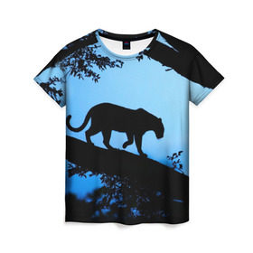 Женская футболка 3D с принтом Чёрная пантера в Белгороде, 100% полиэфир ( синтетическое хлопкоподобное полотно) | прямой крой, круглый вырез горловины, длина до линии бедер | Тематика изображения на принте: африка | вечер | дерево | дикая кошка | закат | леопард | сафари | ягуар