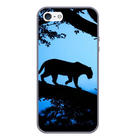 Чехол для iPhone 5/5S матовый с принтом Чёрная пантера в Белгороде, Силикон | Область печати: задняя сторона чехла, без боковых панелей | африка | вечер | дерево | дикая кошка | закат | леопард | сафари | ягуар