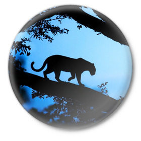 Значок с принтом Чёрная пантера в Белгороде,  металл | круглая форма, металлическая застежка в виде булавки | Тематика изображения на принте: африка | вечер | дерево | дикая кошка | закат | леопард | сафари | ягуар