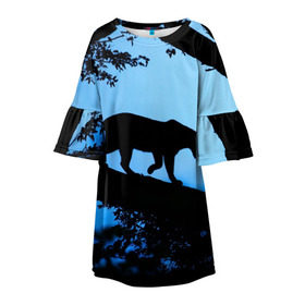 Детское платье 3D с принтом Чёрная пантера в Белгороде, 100% полиэстер | прямой силуэт, чуть расширенный к низу. Круглая горловина, на рукавах — воланы | Тематика изображения на принте: африка | вечер | дерево | дикая кошка | закат | леопард | сафари | ягуар