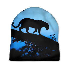 Шапка 3D с принтом Чёрная пантера в Белгороде, 100% полиэстер | универсальный размер, печать по всей поверхности изделия | африка | вечер | дерево | дикая кошка | закат | леопард | сафари | ягуар