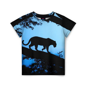 Детская футболка 3D с принтом Чёрная пантера в Белгороде, 100% гипоаллергенный полиэфир | прямой крой, круглый вырез горловины, длина до линии бедер, чуть спущенное плечо, ткань немного тянется | африка | вечер | дерево | дикая кошка | закат | леопард | сафари | ягуар