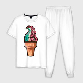 Мужская пижама хлопок с принтом Мороженое в Белгороде, 100% хлопок | брюки и футболка прямого кроя, без карманов, на брюках мягкая резинка на поясе и по низу штанин
 | Тематика изображения на принте: мороженое | осьминог | присоски | тентакли | щупальца